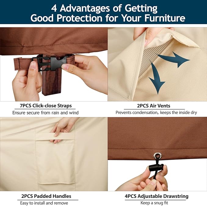 Curved Patio Furniture Covers-Outdoor Patio Furniture Sectional Covers Waterproof Reinforced Rip-Stop Anti-UV 600D Heavy Duty Outdoor Couch Cover with 3 Air Vent Sofa Cover 190"(128")