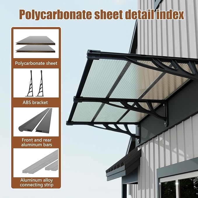 Door Awning Window Canopy, Modular Spliced Awnings for Outside,Porch,Patio,Deck,Polycarbonate Sheet,UV, Rain, and Snow Protection (Brown Board & Black Bracket, 35'’*40'’)