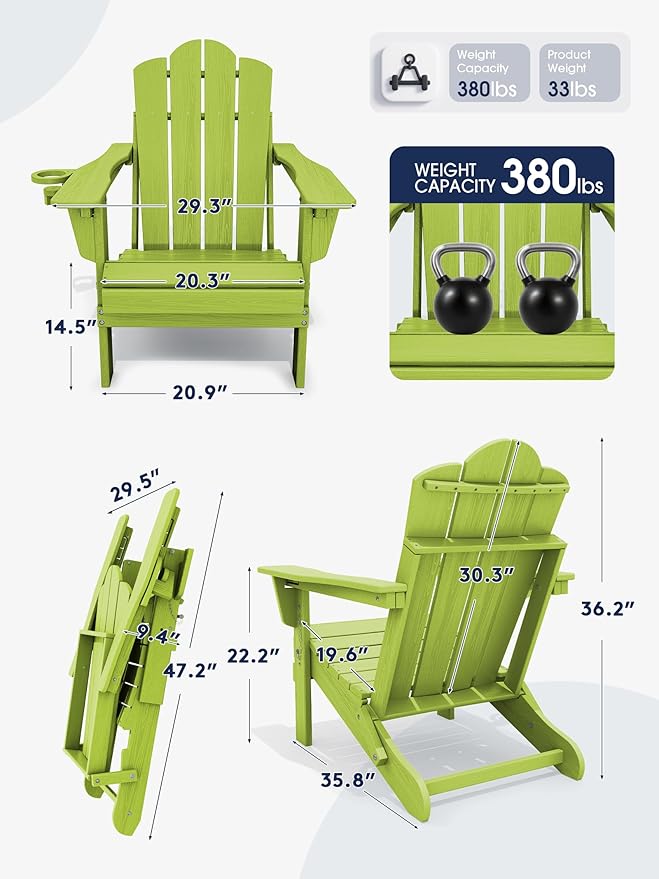 KINGYES Adjustable Folding Adirondack Chair Set of 2, 3-Position Reclining Adirondack Chairs with Cup Holder, HDPE All-Weather Oversized Adirondack for Outdoor, Patio, Deck, Fire Pit, Apple Green