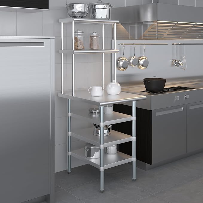 Amgood 30" x 24" Stainless Steel Work Table with 3 Shelves and 12" Wide Double Tier Overshelf | Metal Kitchen Prep Table & Shelving Combo | NSF