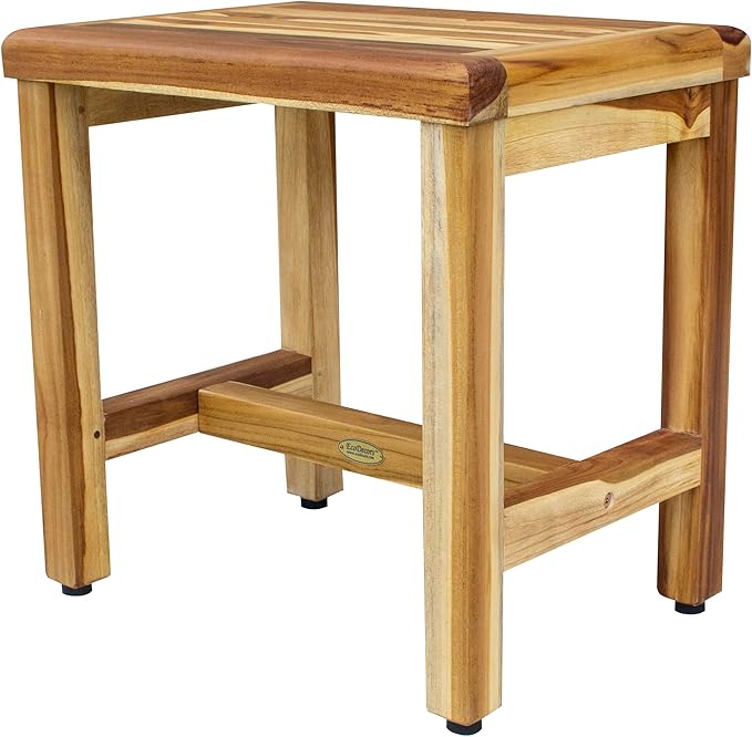 EcoDecors 18 Inch Natural Teak Waterproof Teak Wood Shower Bench Stool Seat Chair For Inside Shower Provides Safety, Storage, and Organization For Bathroom Accessories