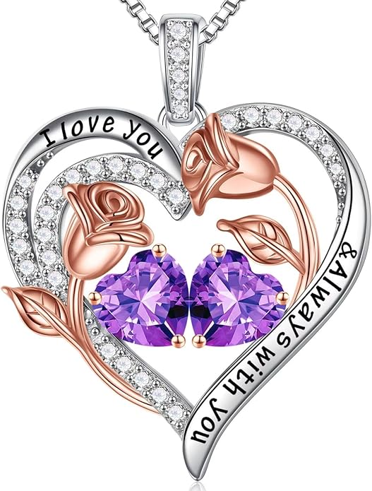 Iefil Christmas Gifts for Women Wife - 925 Sterling Silver Rose Heart Birthstone Necklace Birthday Anniversary Jewelry Gifts for Her Wife Mom Daughter