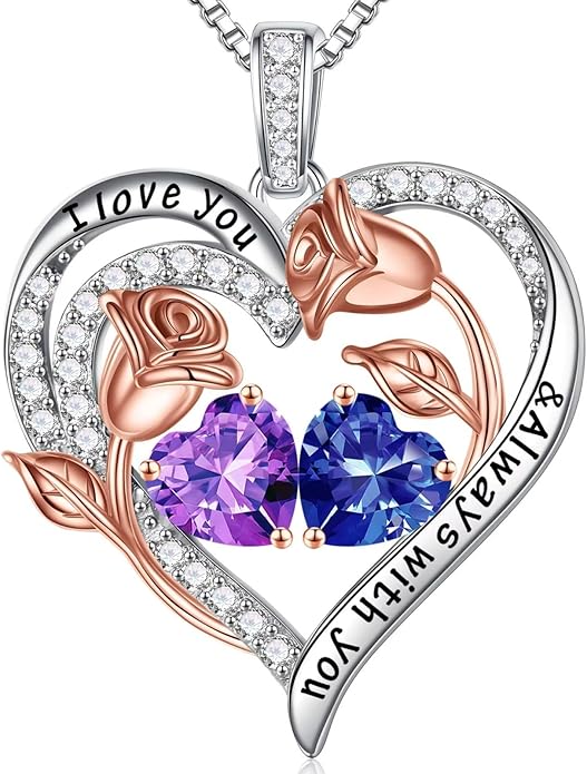 Iefil Christmas Gifts for Women Wife - 925 Sterling Silver Rose Heart Birthstone Necklace Birthday Anniversary Jewelry Gifts for Her Wife Mom Daughter