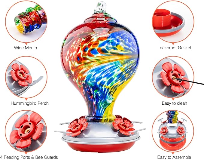 Muse Garden Gifts for Women Glass Hummingbird Feeder for Outdoors Hanging, Birthday Mother‘s Day Christmas Valentine Hummingbird Gifts for Women Mom, Ant Moat Included, 2 Pack, Fireworks and Nebula