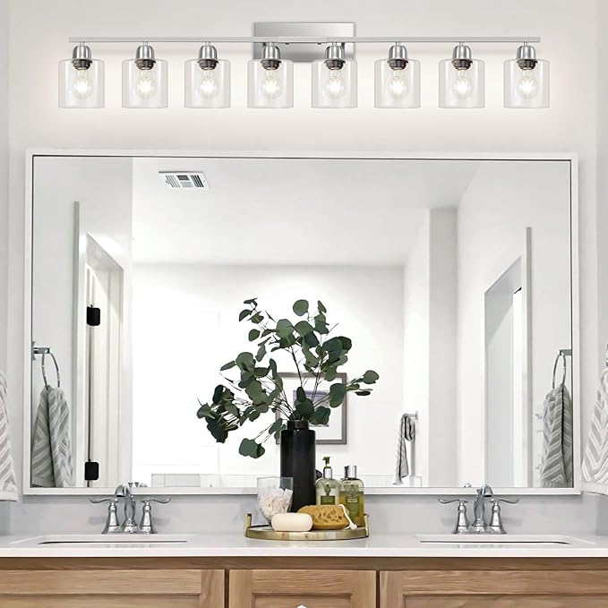 Modern Brushed Nickel 8 Light Bathroom Light Fixtures,52 inch Vanity Lights with Clear Glass, Bathroom Light Fixture for Mirror Kitchen Living Room Hallway Cabinet Porch