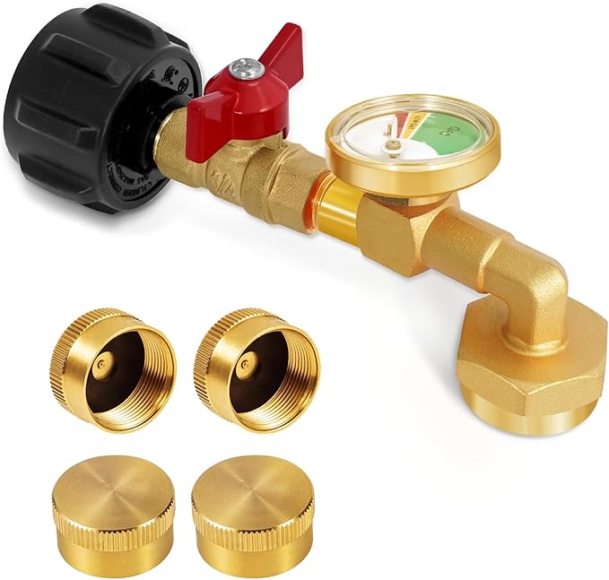 Propane Refill Adapter for 1 lb. Tanks, Propane Refill Elbow Adapter with Valve and Gauge, Propane Adapter 20lb to 1lb Converter with 4 Caps for 1 Pound Propane Bottles