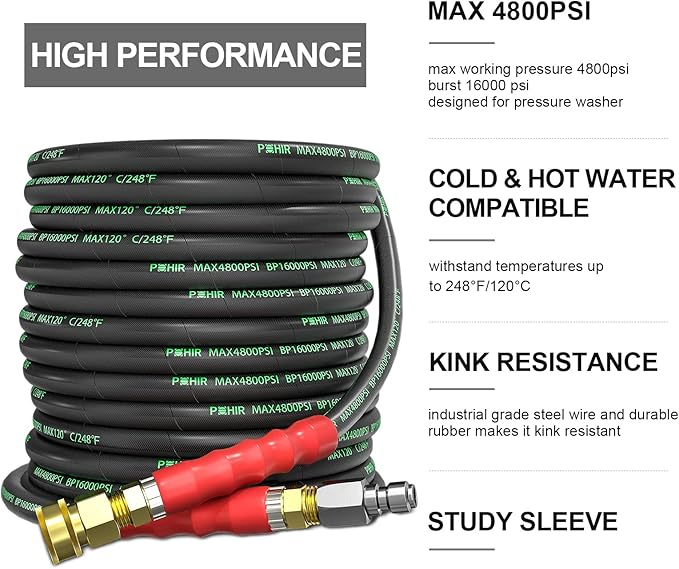 POHIR Pressure Washer Hose 70 FT×3/8 Inch 4800psi for Cold and Hot Water Max 248°F With 3/8 Inch Quick Connect Kink Resistant High Tensile Wire Braided, M22 Swivel to 3/8 Adapter Set 2pcs