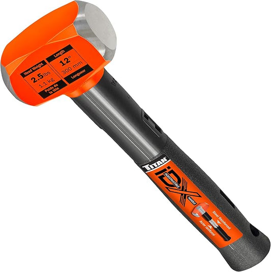 Titan iDX 63612 2.5lb Drilling Hammer, Sledgehammer with 12" Indestructible Handle Reinforced with Steel Locking Plates & Steel Bars, Vulcanized Rubber Grip, Overtstrike Protection