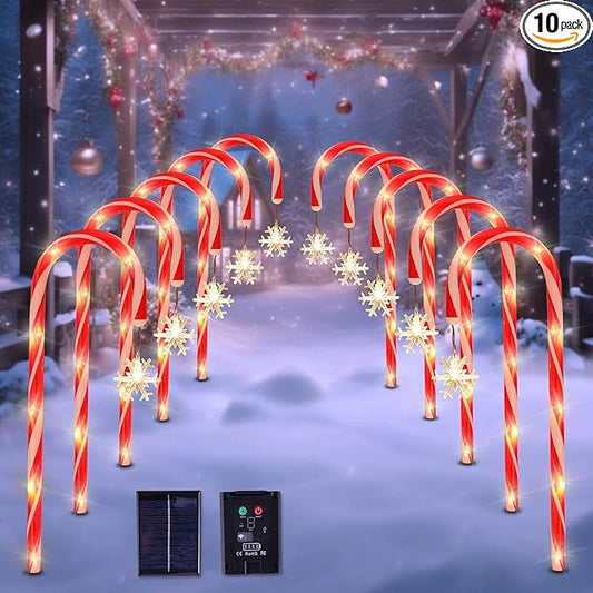 Solar Christmas Lights Outdoor Decorations, 10 Pack Solar Christmas Candy Cane Lights with Snowflake, Outdoor Waterproof Christmas Pathway Lights for Patio, Garden, Yard, Street, Park, Holiday