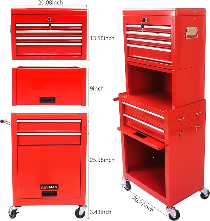 6 Drawers Rolling Tool Box Organizer,2 Tier High Capacity Tool Chest with Wheels,Lockable Rolling Tool Chest with 2 Cabinet,Detachable Tool Box Workshop Storage Cabinet (2 Tier-6 Drawers(Red))
