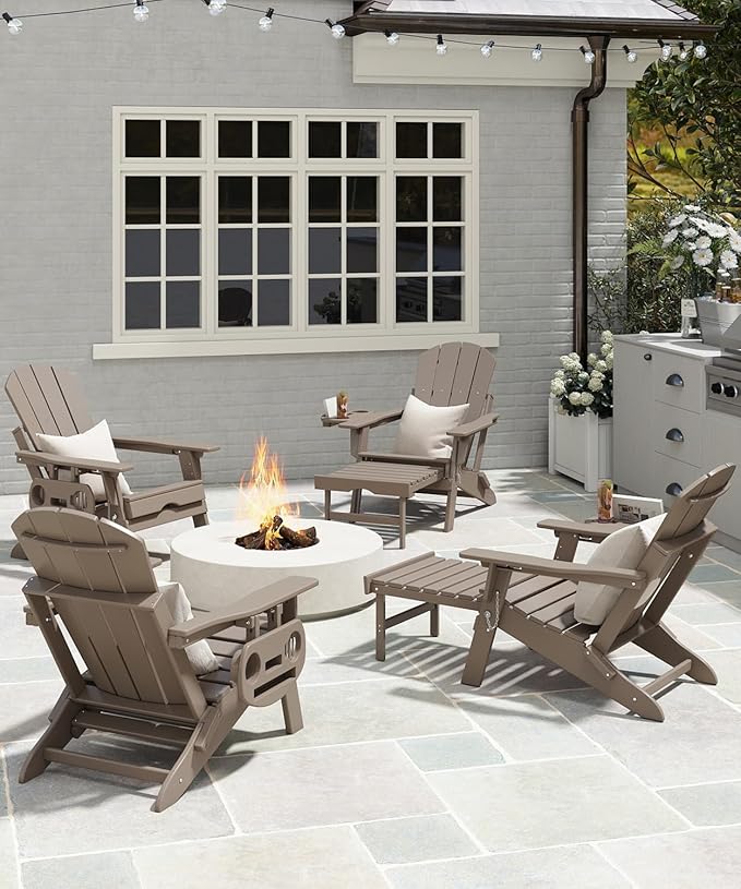 Adjustable Adirondack Chair with Retractable Ottoman Set of 4, HDPE Folding Adirondack Chair with Cup Holder, All Weather Fire Pit Chair for Outdoor.