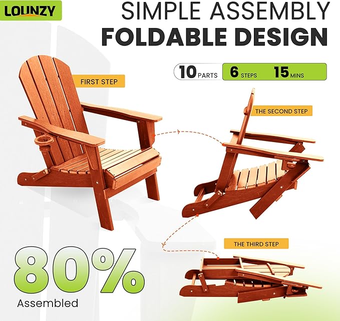 LOUNZY Folding Adirondack Chair Set of 4, HDPE All-Weather Folding Adirondack Chair with Cup Holders, Outdoor Patio Adirondack Chair for Deck Lawn Fire Pit, Orange