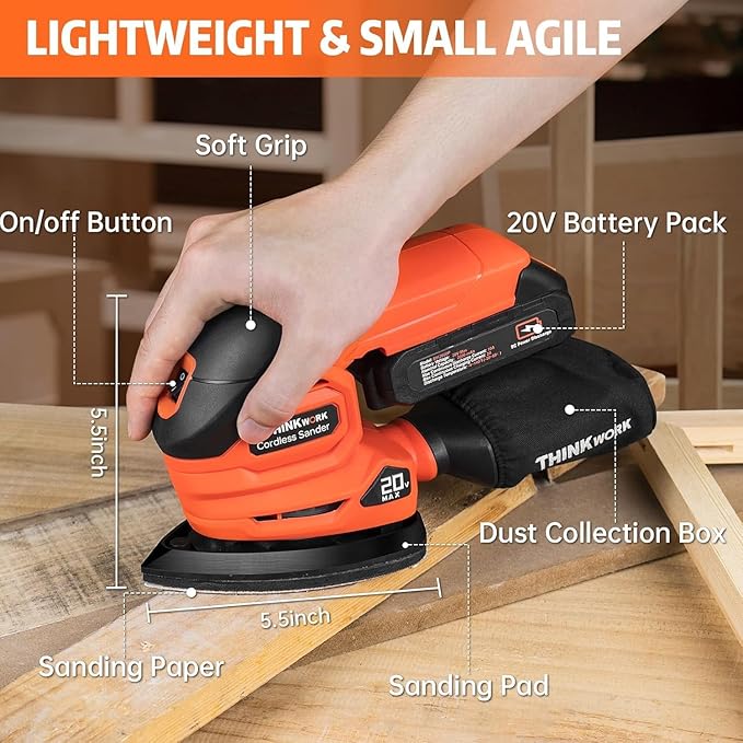 THINKWORK Cordless Detail Sander - 20V/2.0 Ah Battery Sander, 12000 RPM Electric Palm Sander with Dust Collection System for Sanding Tight Spaces on Wood Surfaces, Included 21 Sandpapers