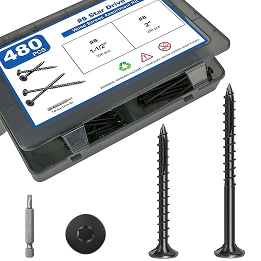 480Pcs Deck Screws, #8 Wood Screws Assortment Kit, 2Sizes Screws Set (1-1/2", 2"), Rust Resistant Torx Screws with Flat Head, Black Screw Kit for Woodworking Projects, Star Bit Included