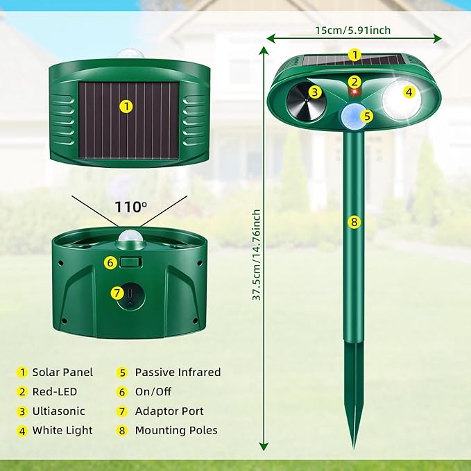 Upgraded Solar Deer Repellent Devices Ultrasonic Animal Repeller Outdoor with Motion Sensor & Flashing Light, Animal Deterrent Devices for Cat Squirrel Raccoon Dog Rabbit Skunk for Yard Garden, 2 Pack