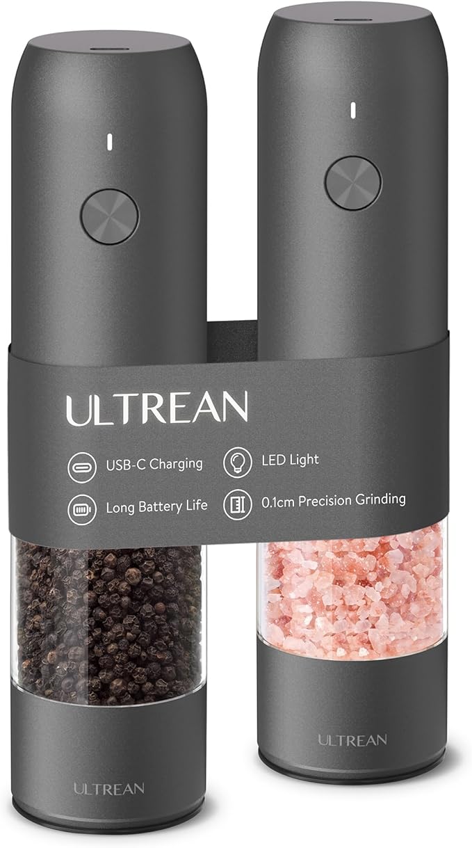 Ultrean Electric Pepper Grinder, Rechargeable Salt and Pepper Grinder with 6 Adjustable Coarseness, LED Light, One-Hand Automatic Operation, Christmas Gifts, Starry Gray