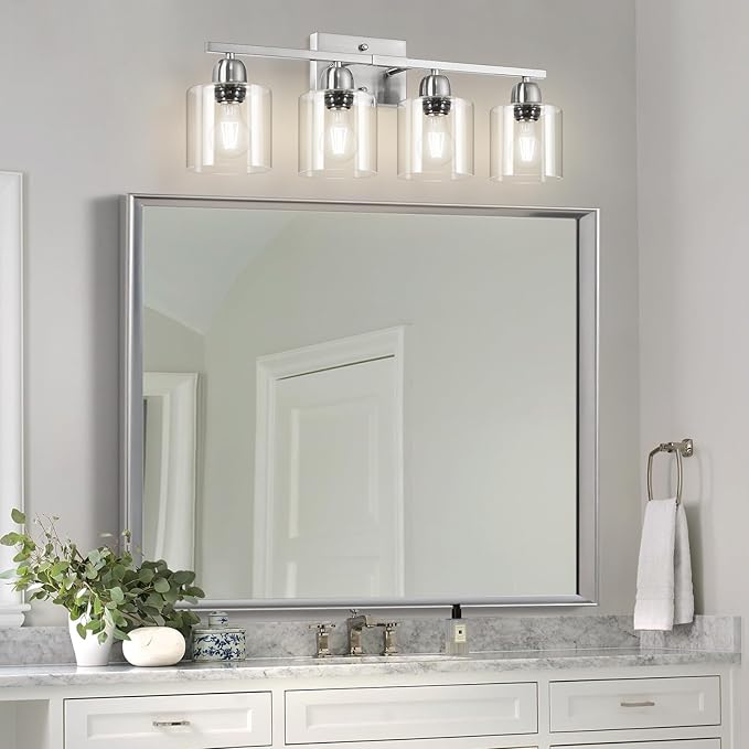 Modern Brushed Nickel 4 Light Bathroom Light Fixtures, 24 inch Vanity Lights for Bathroom with Clear Glass, Vanity Light for Mirror Kitchen Living Room Hallway Cabinet Porch