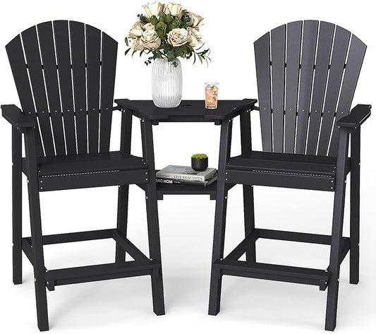 FOOWIN Tall Adirondack Chair Set of 2, All Weather HDPE Bar Height Adirondack Chair with Double Connecting Trays, Adirondack Barstools for Balcony, Deck, Backyard, Patio, Garden Black