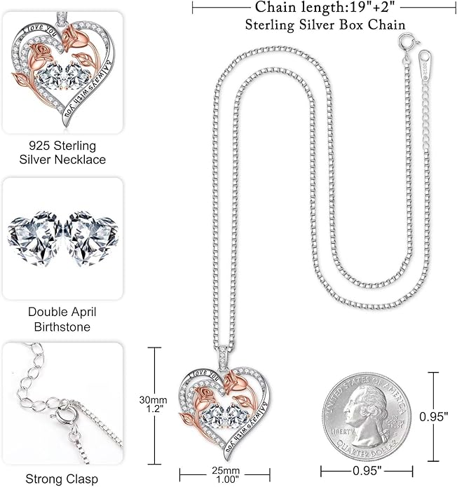 Iefil Christmas Gifts for Women Wife - 925 Sterling Silver Rose Heart Birthstone Necklace Birthday Anniversary Jewelry Gifts for Her Wife Mom Daughter