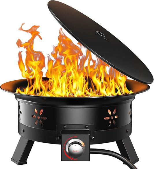 AMADA HOMEFURNISHING 24″ Propane Fire Pit with Grill Grate, 58,000 BTU, Folding Legs, Propane Tank Holder, Cover, and Carry Strap, No Ignition Needed, Easy Flame Adjustment, Portable