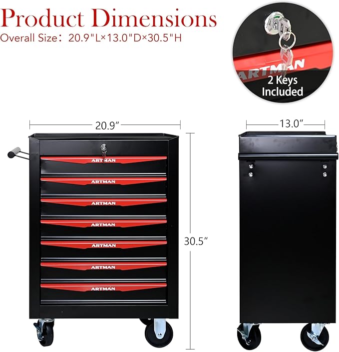 7 Drawers Tool Cart on Wheels, Multifunctional Rolling Tool Storage Chest, Drawers Rolling Trolley Organizer Tool Box for Warehouse, Garage, Workshop, Repair Shop (7 Drawers-30.5" H)