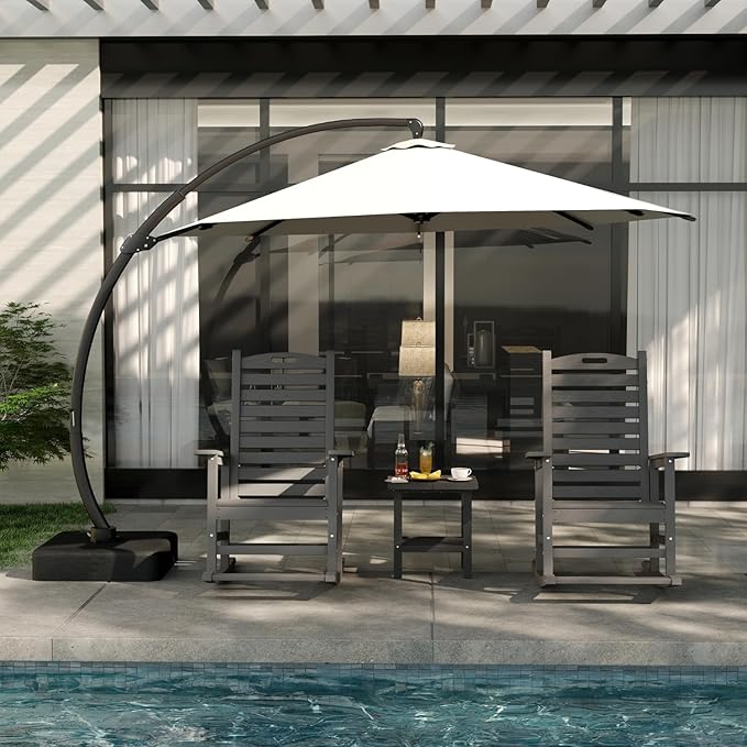 Outdoor Rocking Chairs Set of 2 with Footrest, Side Table & 11FT Cantilever Umbrella, HDPE Rocking Lawn Chair for Garden, Poolside, Deck (Grey)