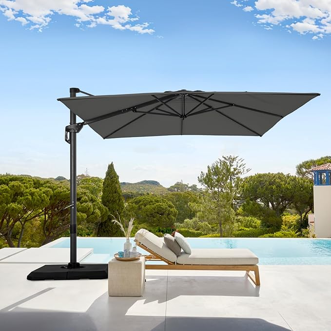 GREEN PARTY 9x12 ft Cantilever Patio Umbrella with Base, Rectangle Offset Outdoor Umbrellas with 360° Rotation, 5-Year-Non-Fading Hanging Pool Umbrella for Garden Deck Poolside - Grey