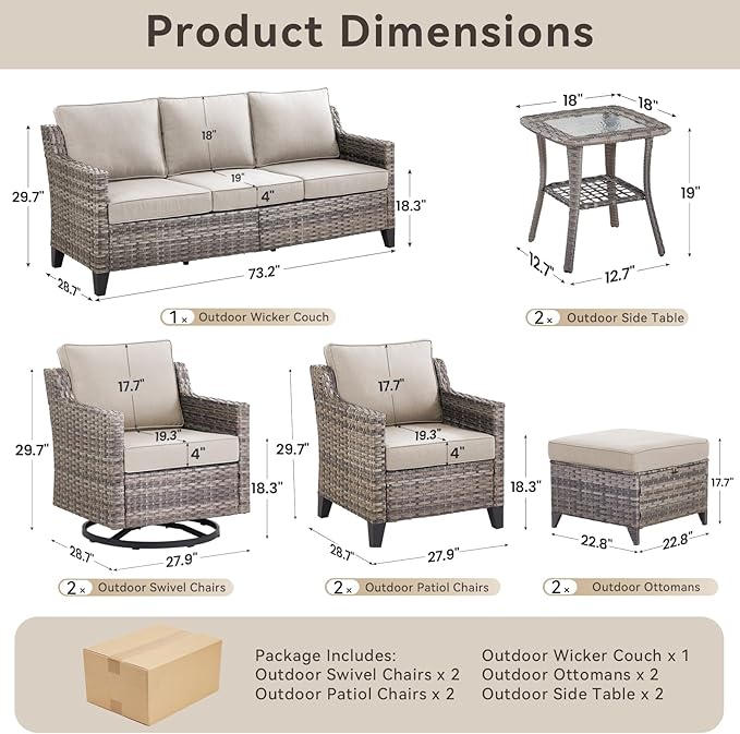 9 Piece Patio Furniture Set-All Weather Outdoor Conversation Sets Sectional Sofa with Wicker Swivel Rocker Patio Chairs, Comfy Cushions Ottomans for Porch Balcony Patio Grey/Beige
