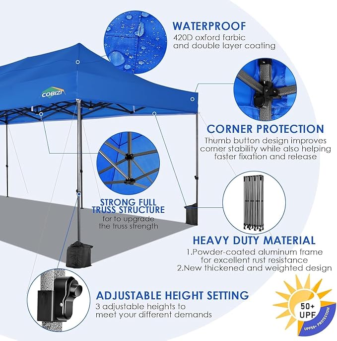 COBIZI 10x30 Heavy Duty Pop up Canopy Party Tent for Parties Weddings Events UPF 50+ Waterproof Commercial Gazebo with Roller Bag, Blue
