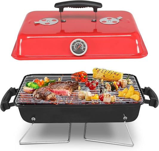 VINGLI 20'' Portable Charcoal Grill with Thermometer & Handle, Metal Compact Tabletop BBQ Grill, Outdoor Cooking Barbecue for Camping Travel Picnic Patio