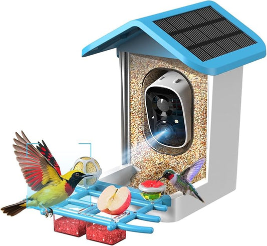 Bird Feeder with Camera, 2K Smart BirdCamera with Solar Powered, AI Identify Birds Species, Instant Arrival Alerts, 2.4Ghz WiFi Bird House for Outdoors, Ideal Gift for Family and Bird Lovers (Blue)