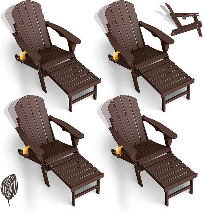 GREENVINES Adjustable Adirondack Chair with Retractable Ottoman Set of 4 | Folding | Wood Grain HDPE Plastic | Fire Pit Chairs w/Foot Rest | 2 Cup Holders | Dark Brown | for Outdoor Poolside