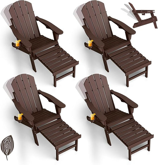GREENVINES Adjustable Adirondack Chair with Retractable Ottoman Set of 4 | Folding | Wood Grain HDPE Plastic | Fire Pit Chairs w/Foot Rest | 2 Cup Holders | Dark Brown | for Outdoor Poolside