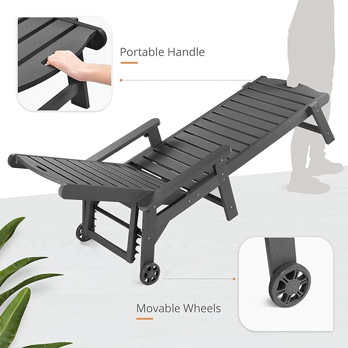 LUE BONA Outdoor Chaise Lounge Chairs Set of 4, HDPS Chaise Lounger, 5 Positions Adjustable Lounge Chairs, Pool Lounge Chair with Wheels for Poolside, 3 Year Warranty, Dark Gray