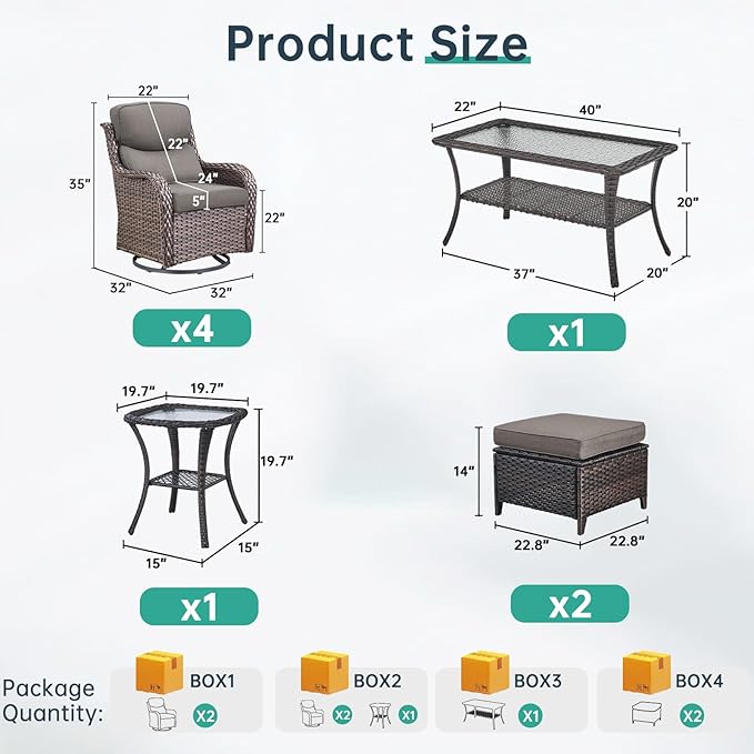 Outdoor Swivel Rocker Patio Chairs Set of 4 with Coffee Table - 5" Thick Cushion 8 Piece Furniture Set All Weather Comfortable Wicker Conversation Set for Porch Deck - Brown/Gray