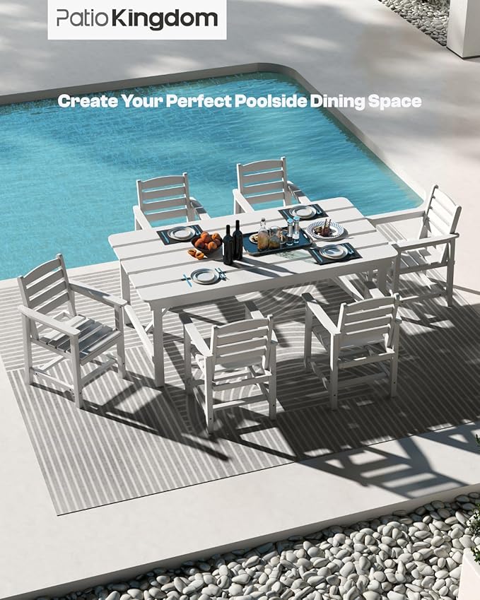 7-Piece White HDPE Patio Table and Chairs Set, Weather Resistant Outdoor HDPE Dining Table Sets with Umbrella Hole for Lawn, Garden, Deck, Poolside, Balcony