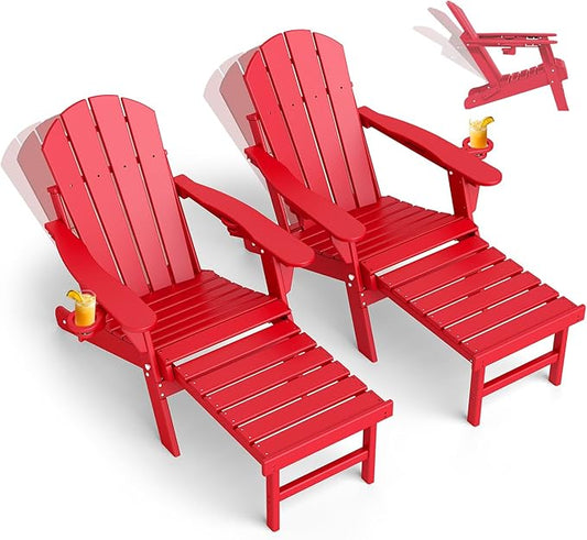 GREENVINES Adjustable Adirondack Chair with Retractable Ottoman Set of 2 | Folding | HDPE Plastic | Fire Pit Chairs w/Foot Rest | 2 Cup Holders | Red | for Outdoor Patio Poolside Deck