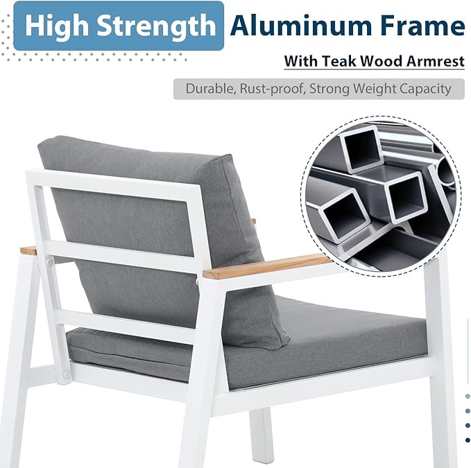 JOIVI Aluminum Patio Furniture Set, 4 Pieces Outdoor Conversation Set with Teak Coffee Table & Cushion, Outdoor Sectional Sof Set, Outside Furniture for Deck, Backyard, White