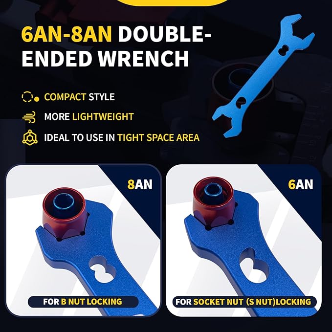 Adjustable AN Fittings Wrench For 3AN-16AN Hose Fitting Spanner Lightweight Aluminum Flat-ended Black With a 6AN Socket-AN8 B-nut Double Hose End Fitting Wrench Blue