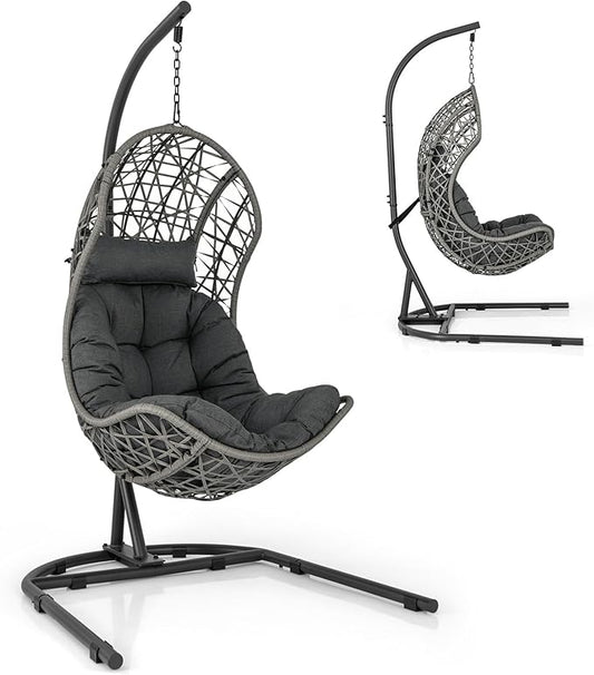 Giantex Egg Chair Outdoor Indoor - Hammock Chair with Stand, Pillow, Cushion, Hanging Accessories, PE Rattan Hanging Basket Chair for Living Room, Bedroom, 350 LBS Capacity Patio Swing Chair, Grey