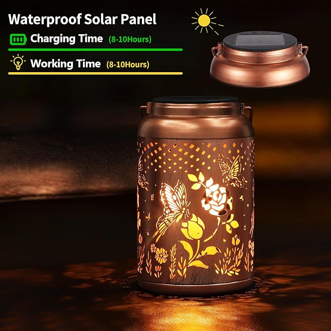 Rose Butterfly Decoration Solar Lanterns Outdoor Waterproof Garden Decor Gifts for Women Mon Grandma Metal Hanging Solar Lights for Outside LED Lanterns for Yard, Patio