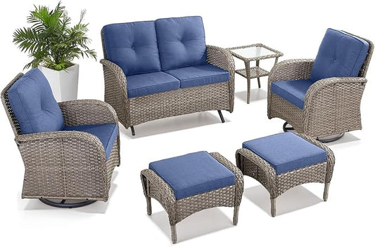 Belord 6 Pieces Wicker Patio Conversation Sets with Outdoor Swivel Rocker Chairs and Loveseat Glider Chair, All-Weather Rattan Furniture Set for Patio Deck Sunroom Backyard
