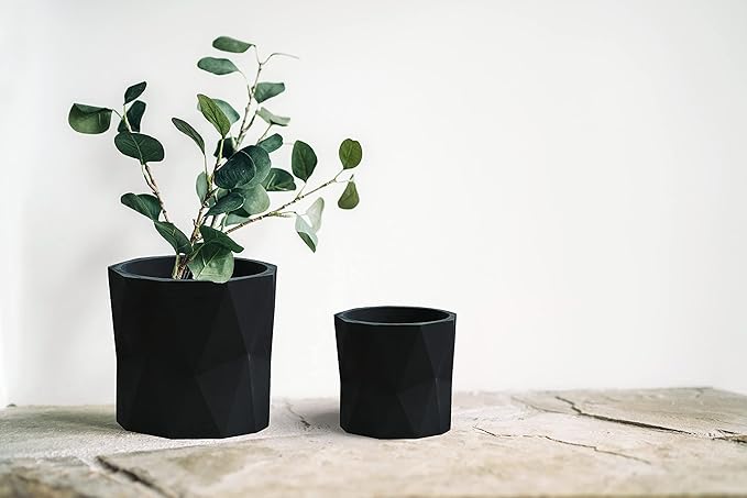 Olly & Rose Designer Geometric Ceramic Black Plant Pot Succulent Pots Cactus Planters Set 2 Indoor Outdoor Small Flower Pot Set Charcoal