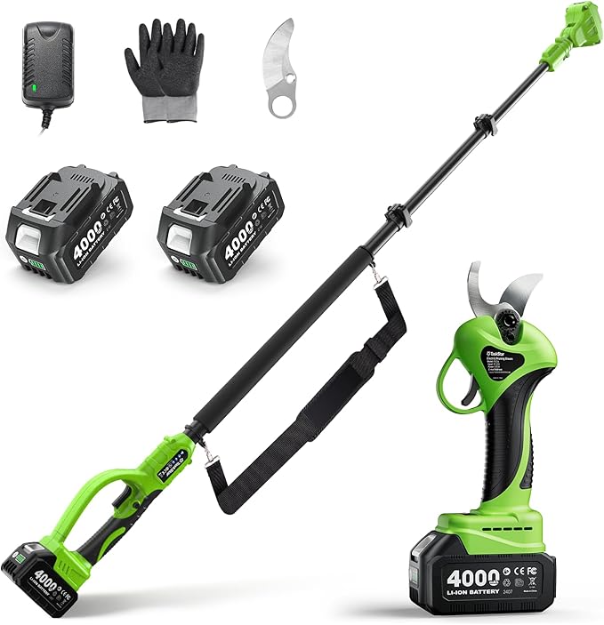 Electric Pruning Shears Cordless with Pole: 1.2" Cutting Diameter 2-in-1 Pole Pruners - 2 Pcs 4.0Ah Batteries, Brushless Motor, Extra SK5 Blade, 4 Cutting Modes Tree Pruner for Gardening