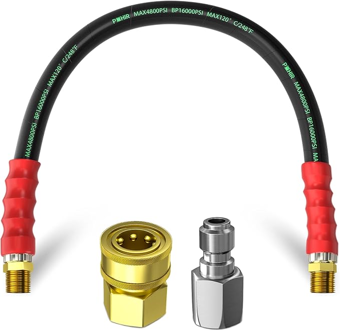 POHIR 3/8" Pressure Washer Whip Hose 2FT, Short Reel Connector for Power Washing, 248 Hot Water 4800 PSI, High Pressure Jumper With Removable Quick Connect
