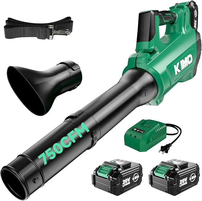 KIMO Cordless Leaf Blower with Battery and Charger, 750CFM 220MPH, 4 Speeds w/Turbo Mode, Brushless Motor, 3 Extended Tube, 2x4.0Ah Battery Powered Leaf Blowers for Lawn Care Patio Cleaning Wet Leaves