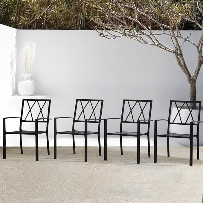Outdoor Dining Chairs Set of 4, Mteal Frame Stackable Patio Dining Chairs with Armrest, Wrought Iron Patio Bistro Chairs for Lawn, Backyard, Garden, Porch