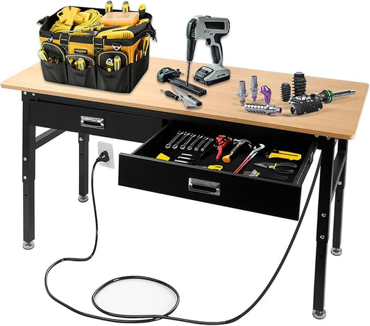 Workbenche with Drawers,60'' Workbench with Power Outlet for Garage,2700 Lbs Capacity Adjustable Workbench,Heavy Duty Table for Workshop Office Home Commercial