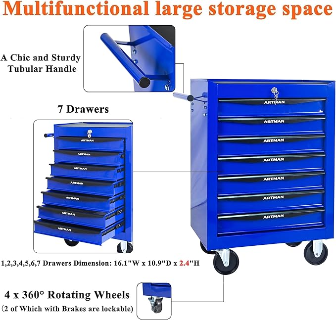 7 Drawers Tool Cart on Wheels, Multifunctional Rolling Tool Box, Drawers Rolling Trolley Organizer Tool Storage Chest for Warehouse,Garage,Workshop,Repair Shop (7 Drawers-30.5" H)