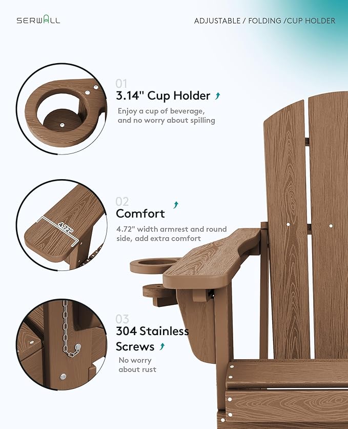 SERWALL Folding Adirondack Chair Set of 2, Reclining Adirondack Chair with 3 Recline Positions, All Weather HDPE Outdoor Adirondack, Brown